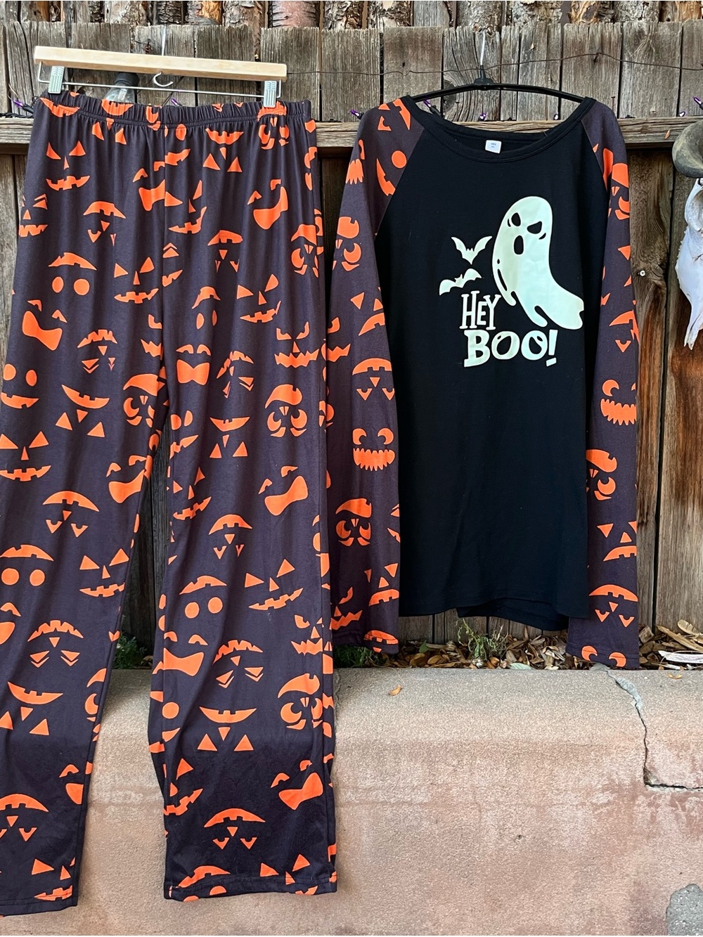 Hey Boo! Halloween Pajama Set - Black & Orange Ghost Top with Pumpkin Pants